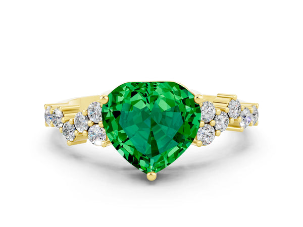 Yellow gold Heart Cut Emerald Scattered Round Accent Ring with Prong Setting