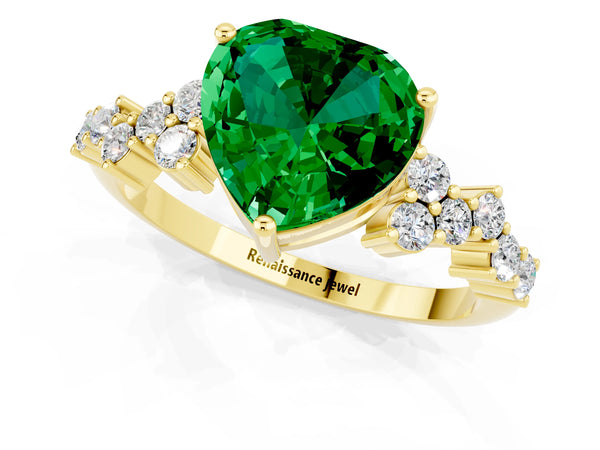 Yellow gold Heart Cut Emerald Scattered Round Accent Ring with Prong Setting