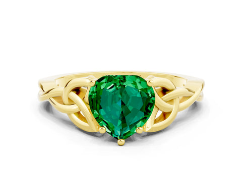 Yellow gold Heart Cut Emerald Solitaire Celtic Knot Ring with Four-Prong Setting_12