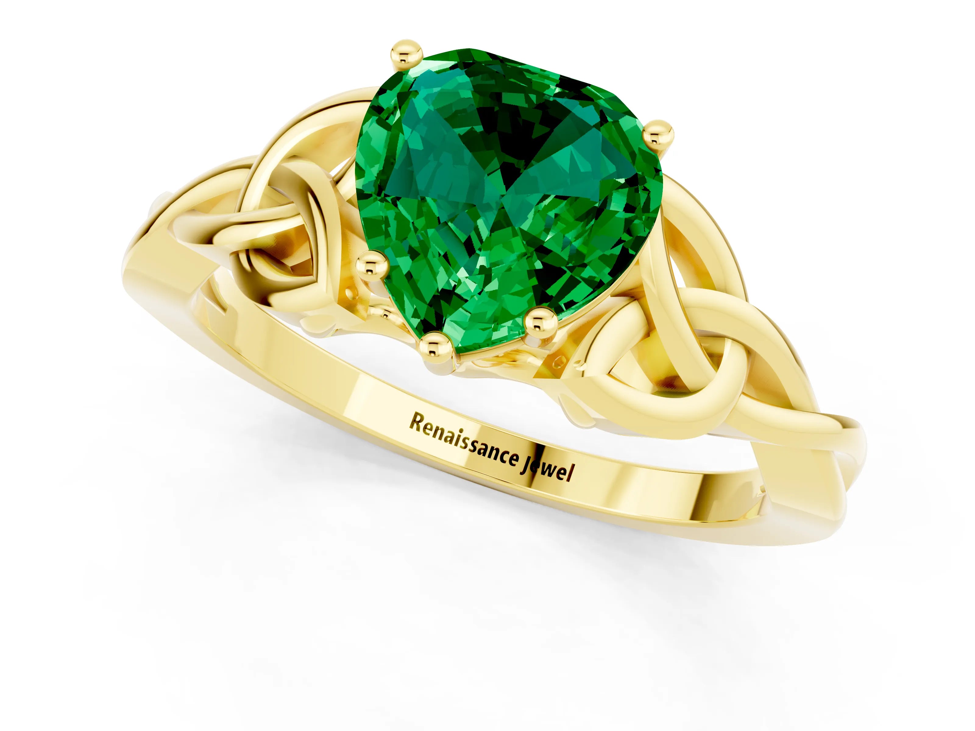 Yellow gold Heart Cut Emerald Solitaire Celtic Knot Ring with Four-Prong Setting_13