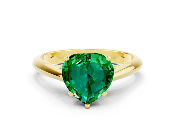 Yellow gold Heart Cut Emerald Solitaire Engagement Ring with Cathedral Setting and Four-Prong Mount