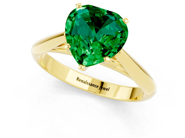 Yellow gold Heart Cut Emerald Solitaire Engagement Ring with Cathedral Setting and Four-Prong Mount