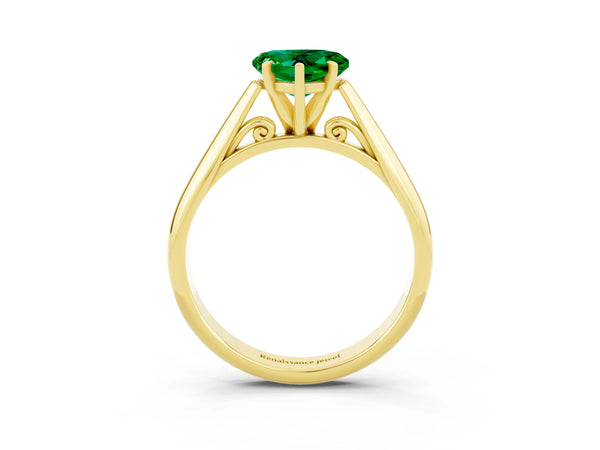 Yellow gold Heart Cut Emerald Solitaire Engagement Ring with Cathedral Setting and Four-Prong Mount