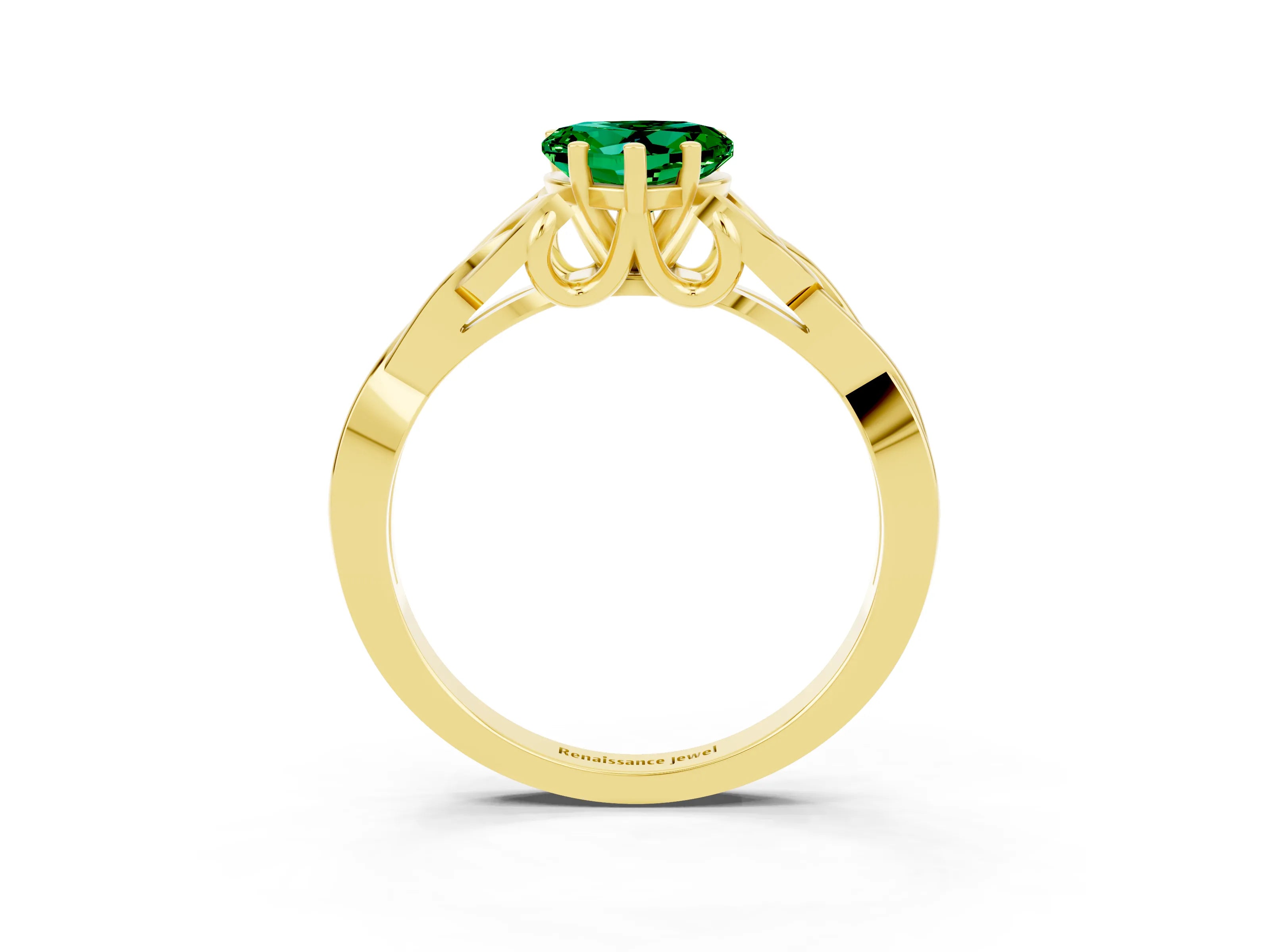 Yellow gold Heart Cut Emerald Solitaire Engagement Ring with Celtic Knot Band and Four-Prong Setting_3