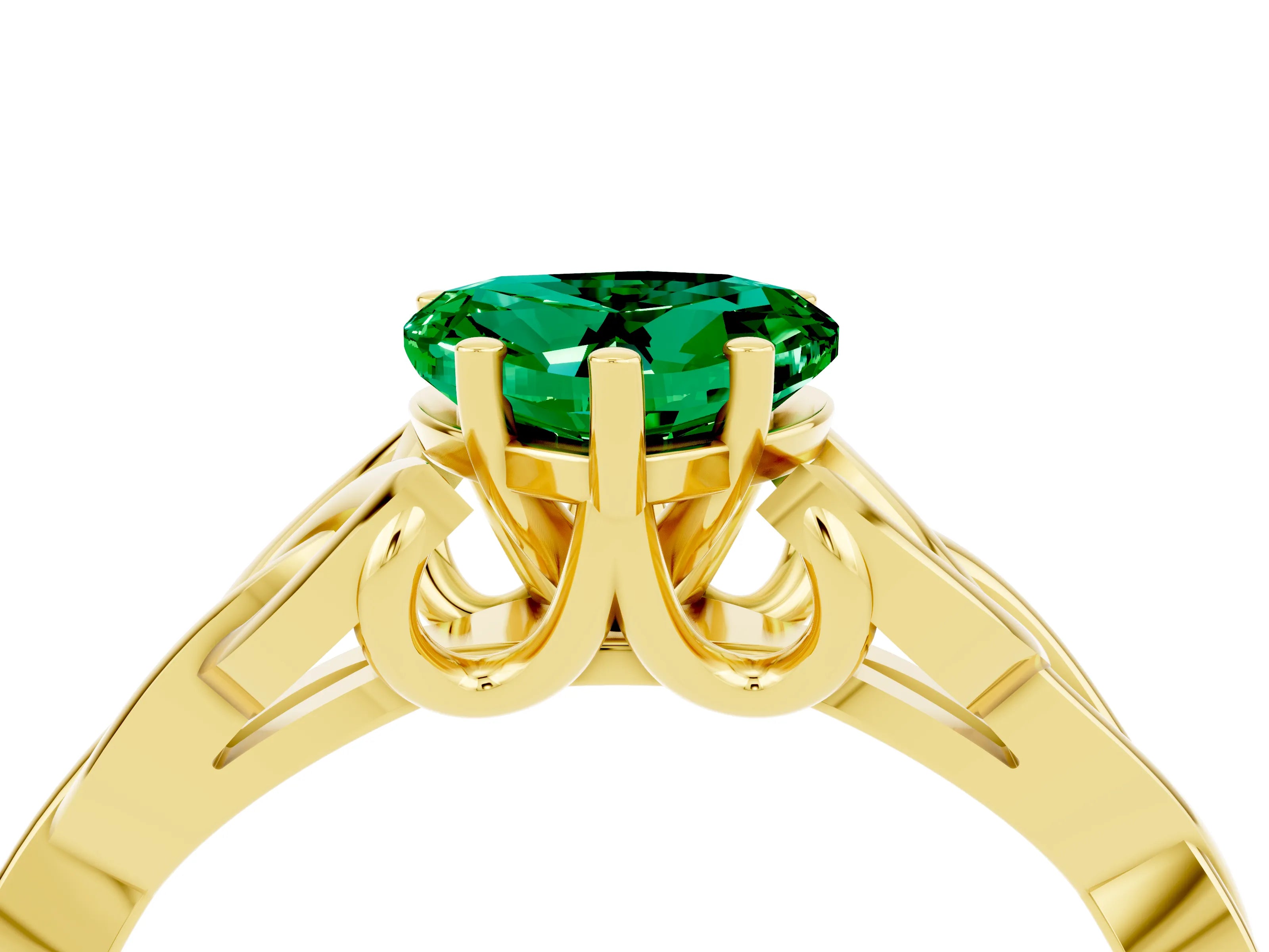 Yellow gold Heart Cut Emerald Solitaire Engagement Ring with Celtic Knot Band and Four-Prong Setting_4