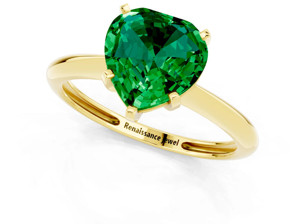 Yellow gold Heart Cut Emerald Solitaire Engagement Ring with Classic Band and Four-Prong Setting