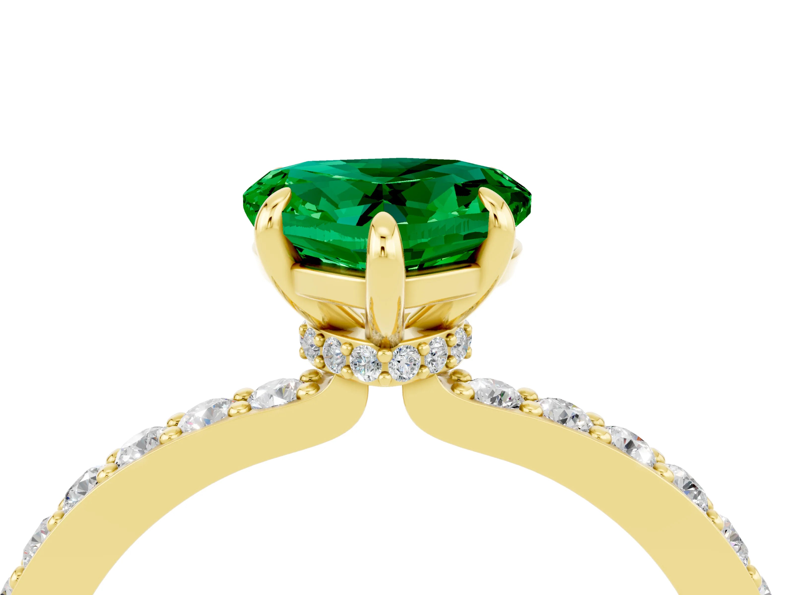 Yellow gold Heart Cut Emerald Solitaire Engagement Ring with Pavé Band and Four-Prong Setting_4