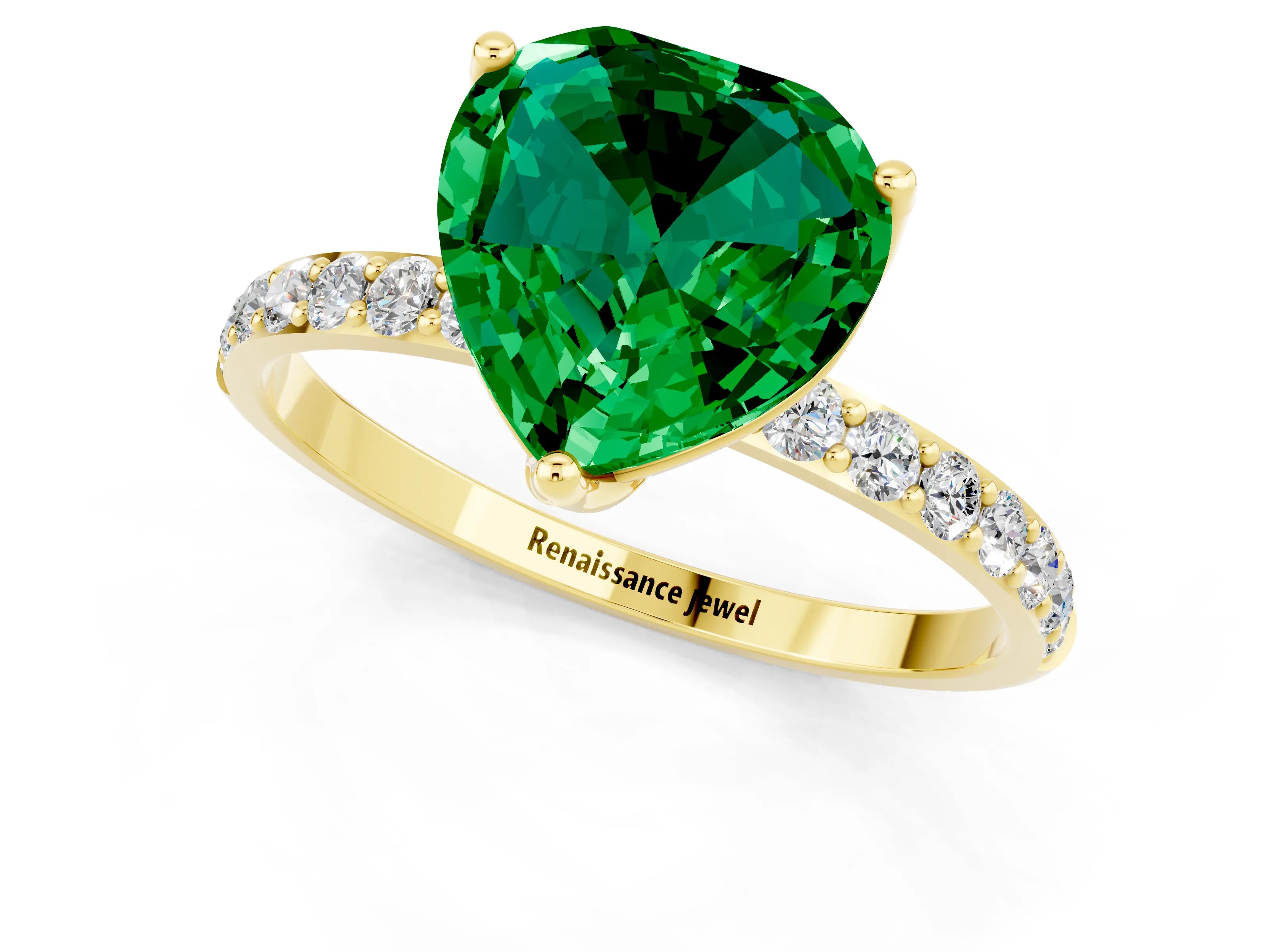Yellow gold Heart Cut Emerald Solitaire Engagement Ring with Pavé Band and Prong Setting_1