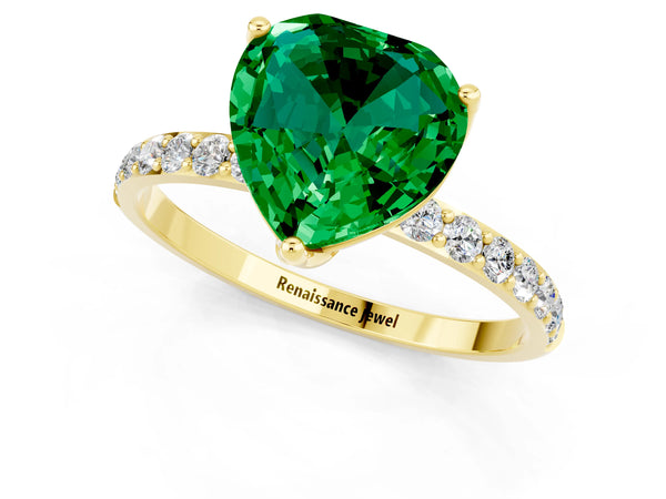 Yellow gold Heart Cut Emerald Solitaire Engagement Ring with Round  Pavé Band and Prong Setting