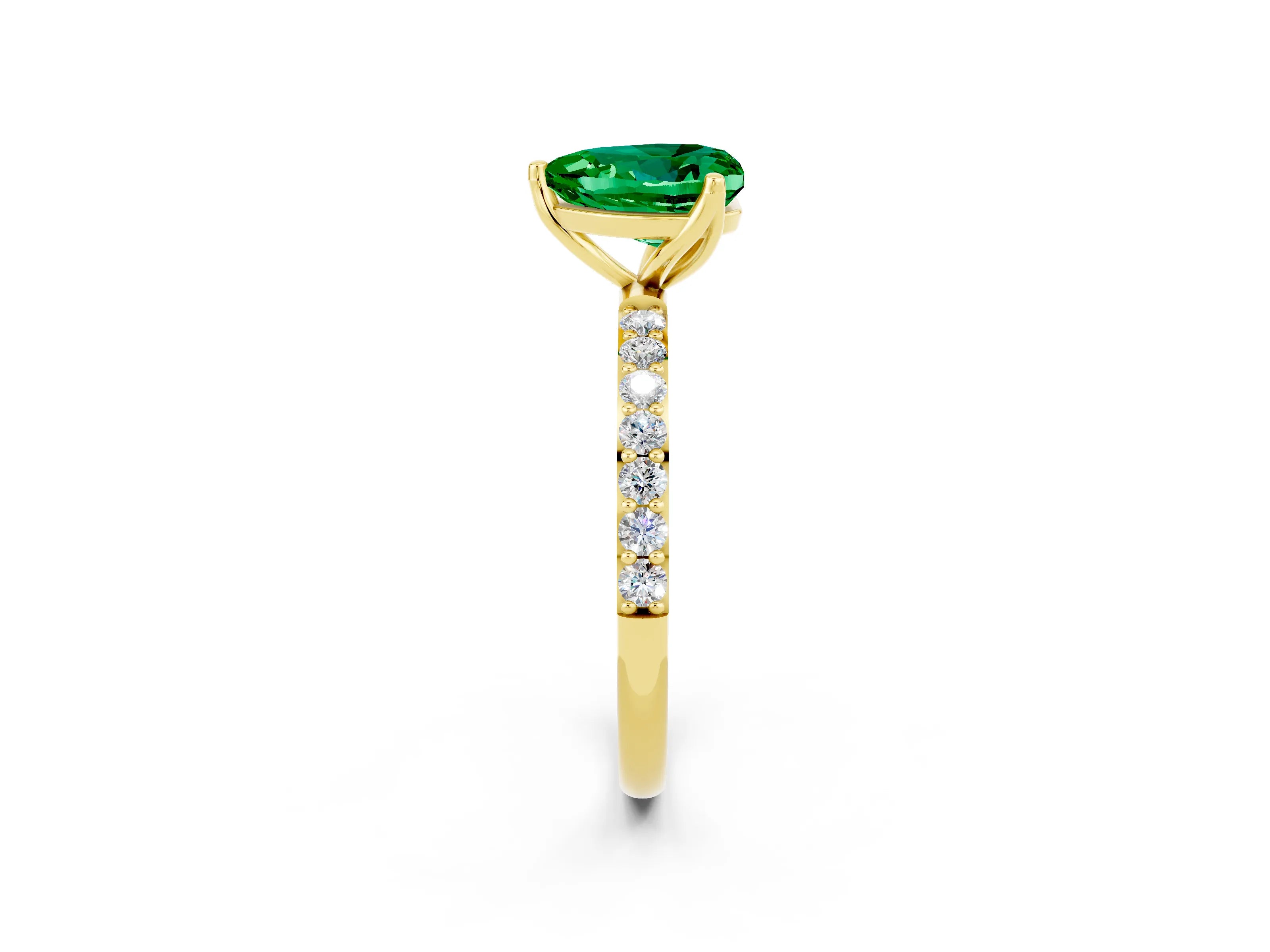 Yellow gold Heart Cut Emerald Solitaire Engagement Ring with Pavé Band and Prong Setting_2