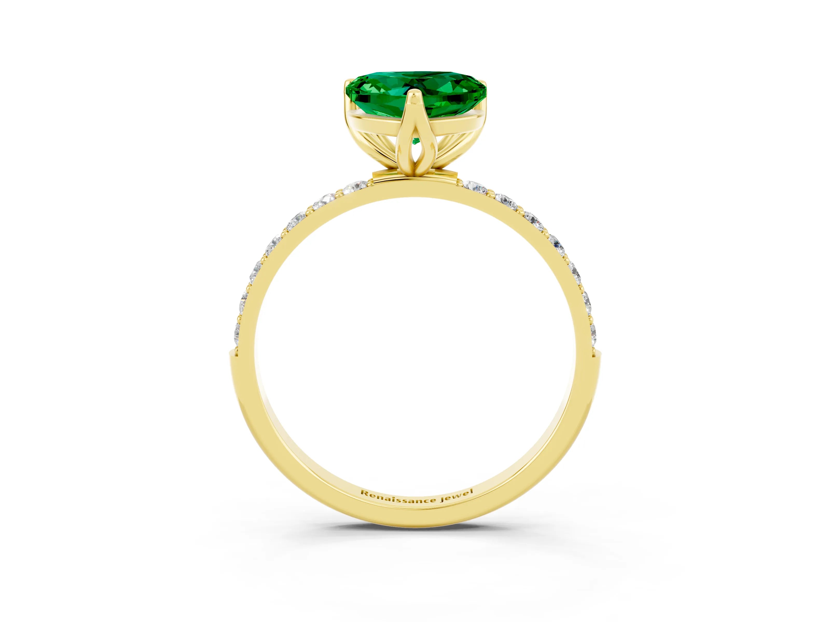 Yellow gold Heart Cut Emerald Solitaire Engagement Ring with Pavé Band and Prong Setting_3