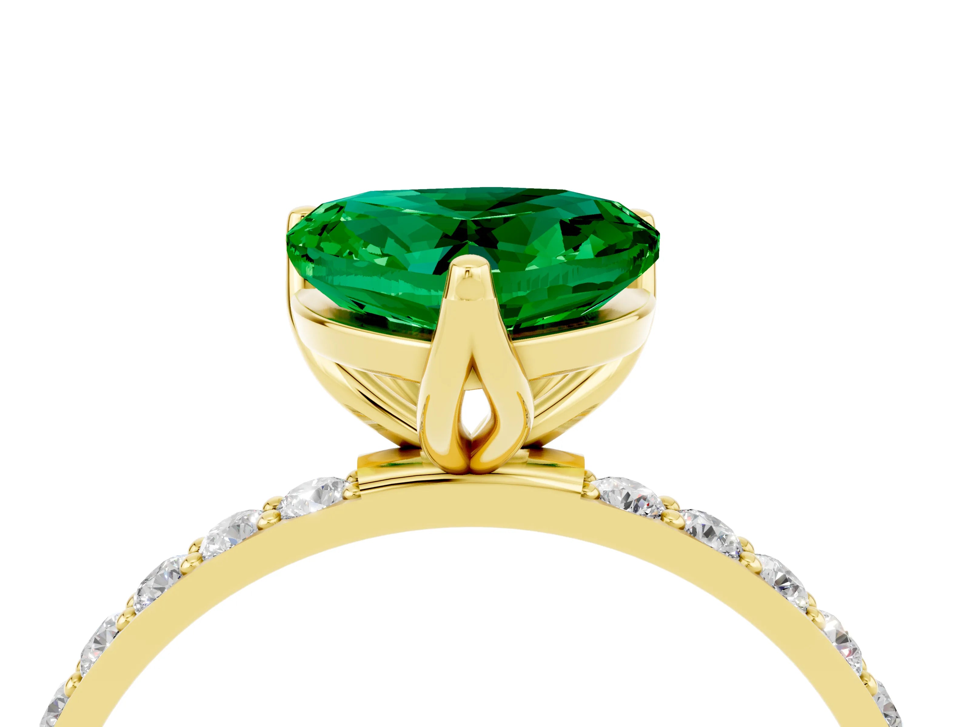 Yellow gold Heart Cut Emerald Solitaire Engagement Ring with Pavé Band and Prong Setting_4