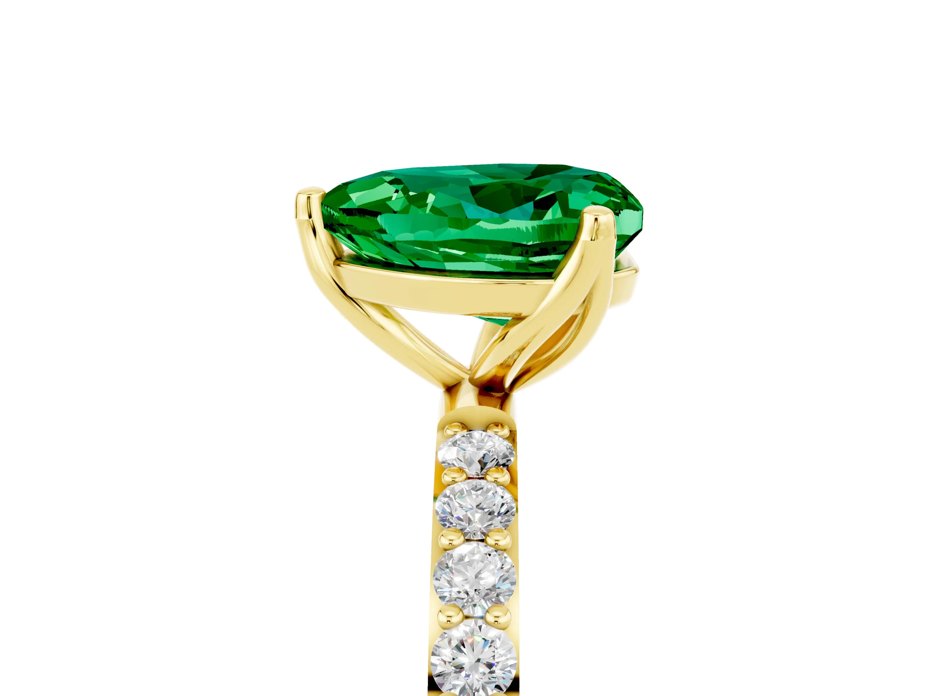 Yellow gold Heart Cut Emerald Solitaire Engagement Ring with Pavé Band and Prong Setting_5