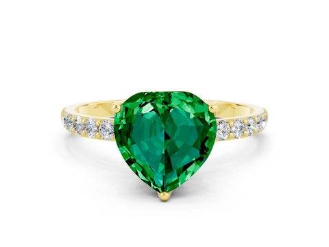 Yellow gold Heart Cut Emerald Solitaire Engagement Ring with Pavé Band and Prong Setting