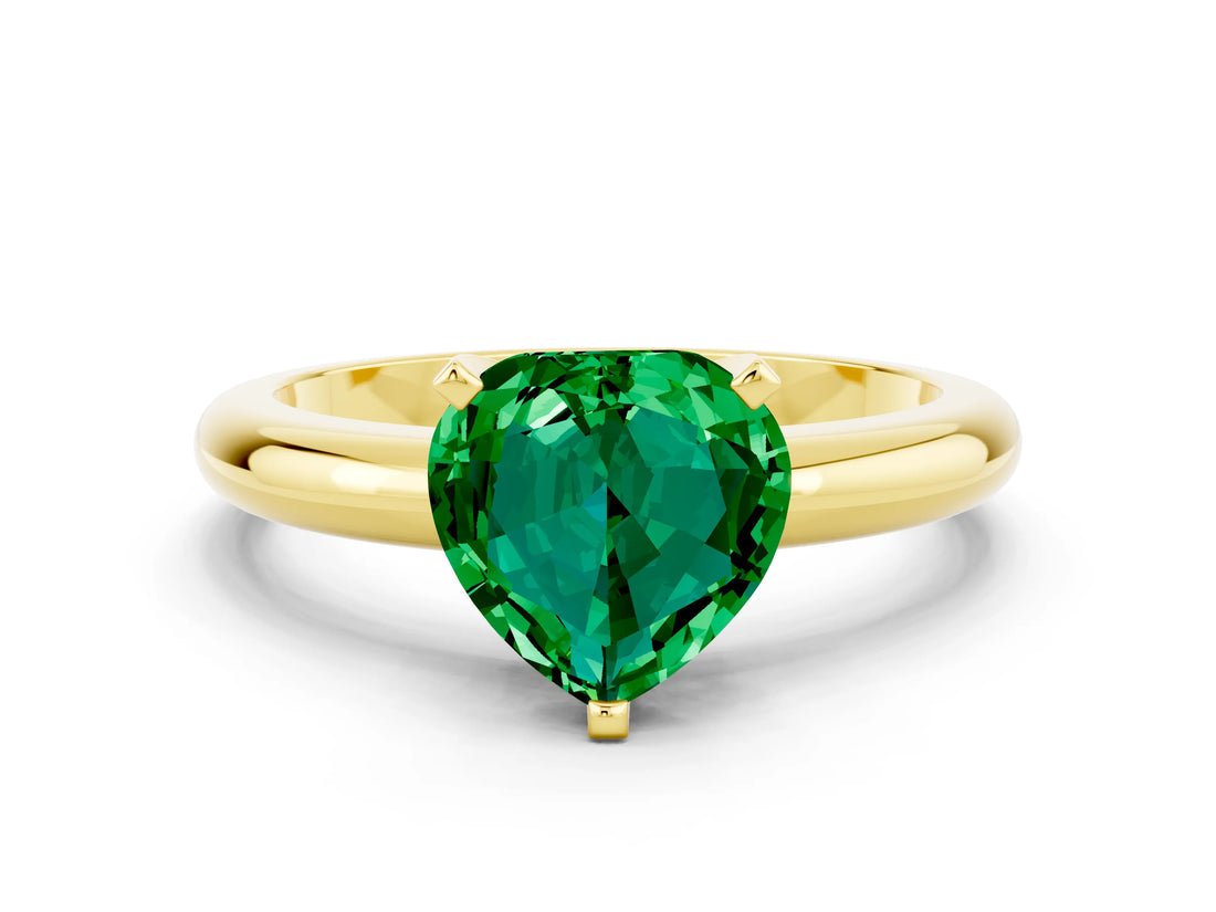 Yellow gold Heart Cut Emerald Solitaire Engagement Ring with Round Band and Four-Prong Setting