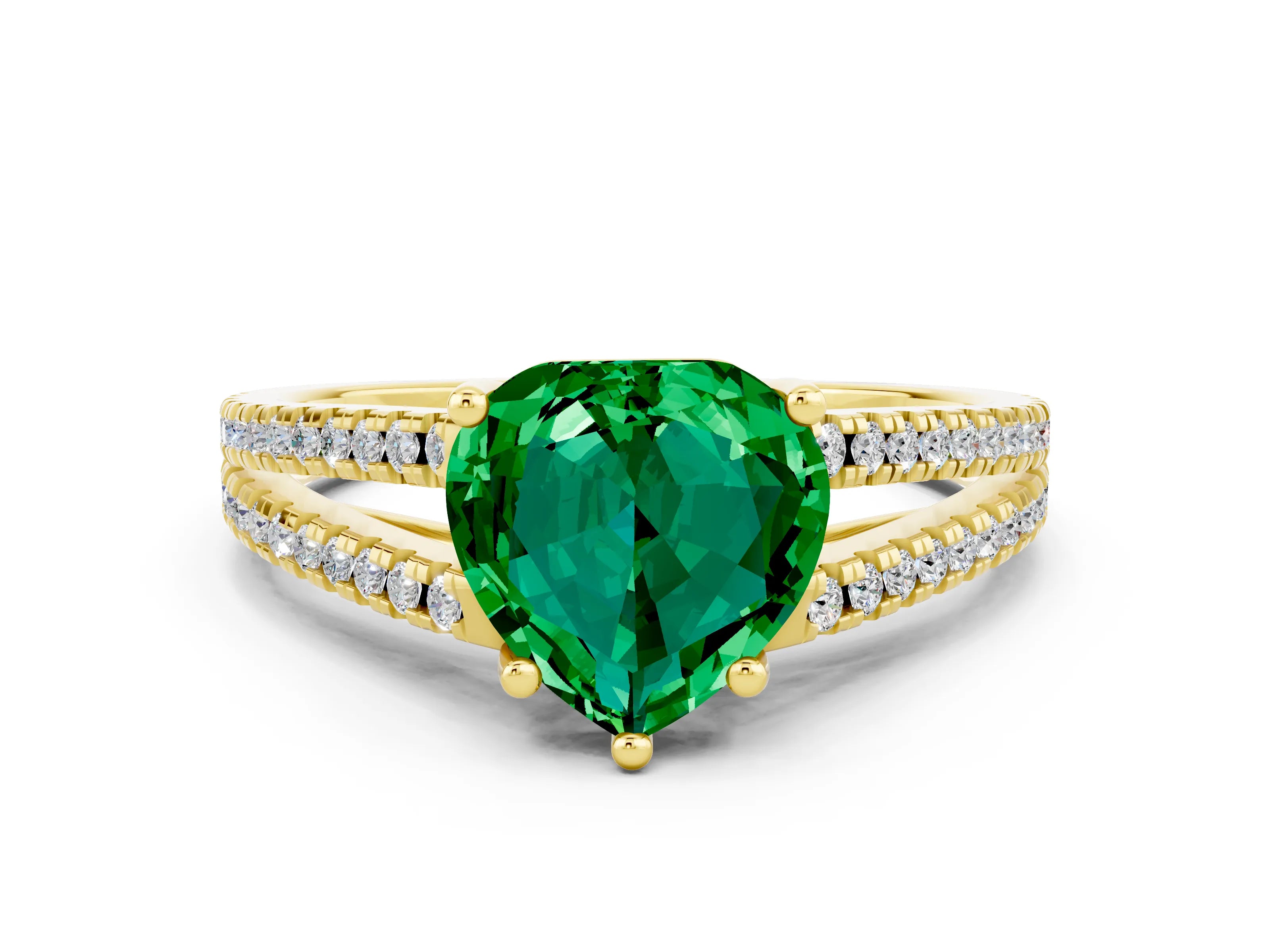 Yellow gold Heart Cut Emerald Solitaire Engagement Ring with Split Shank Pavé Band
