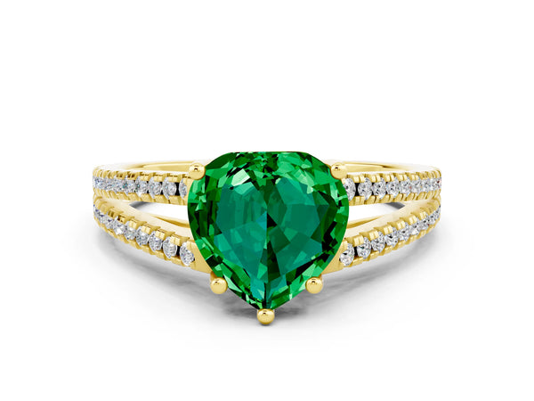 Yellow gold Heart Cut Emerald Solitaire Engagement Ring with Split Shank Pavé Band