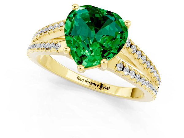 Yellow gold Heart Cut Emerald Solitaire Engagement Ring with Split Shank Pavé Band