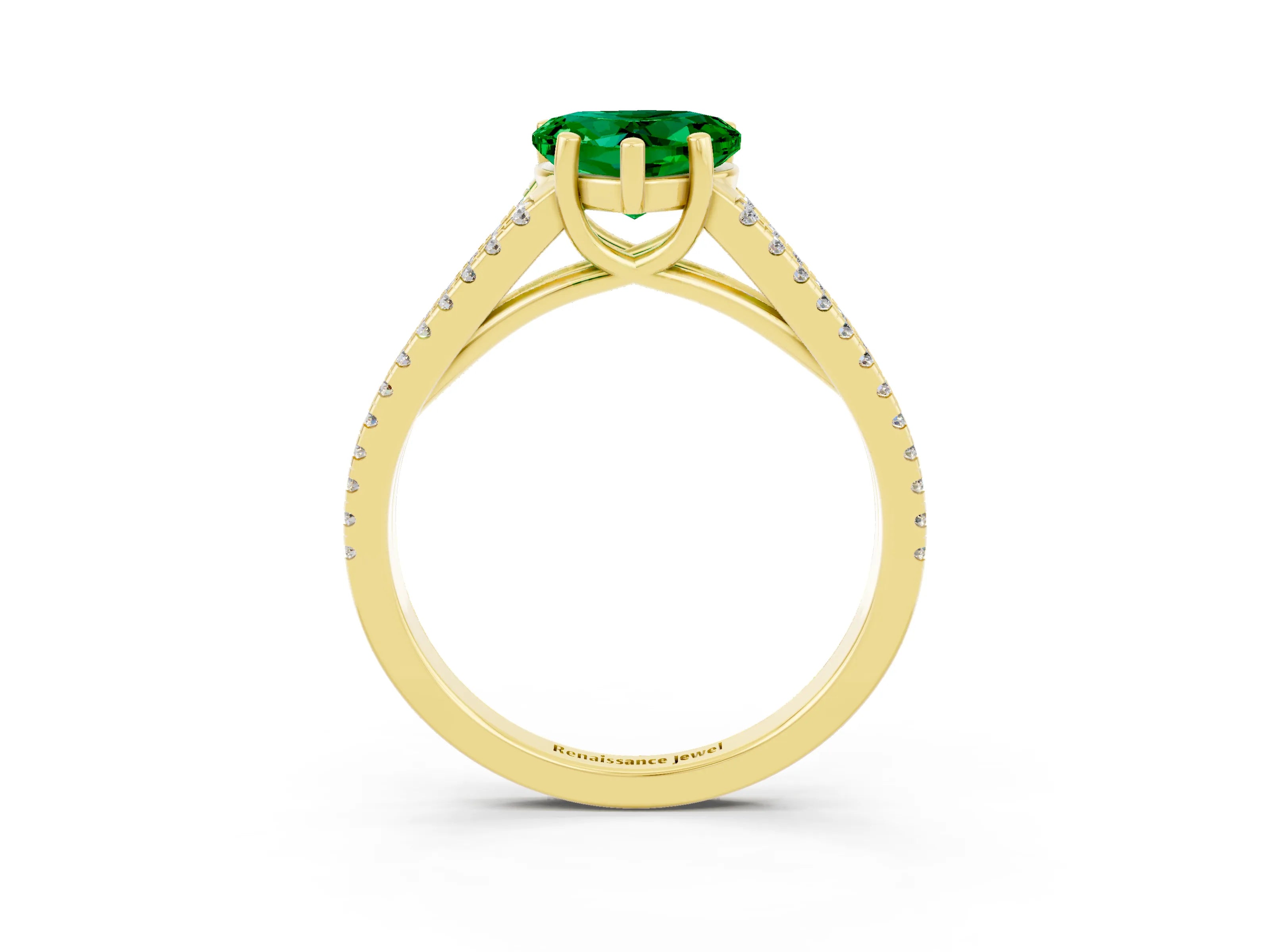 Yellow gold Heart Cut Emerald Solitaire Engagement Ring with Split Shank Pavé Band_3