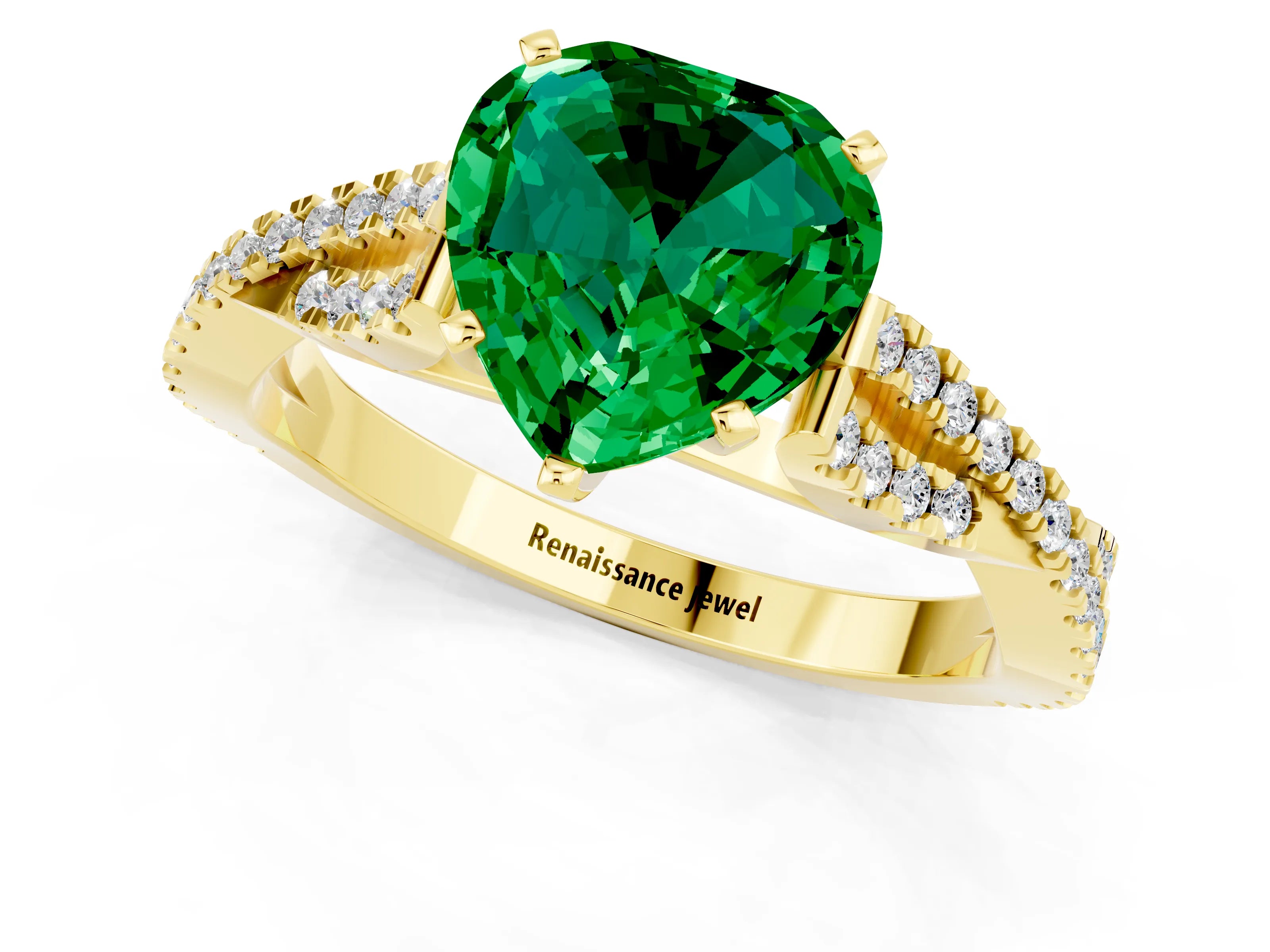 Yellow gold Heart Cut Emerald Solitaire Engagement Ring with Twisted Pavé Band and Four-Prong Setting_13