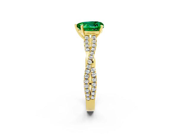 Yellow gold Heart Cut Emerald Solitaire Engagement Ring with Twisted Pavé Band and Four-Prong Setting