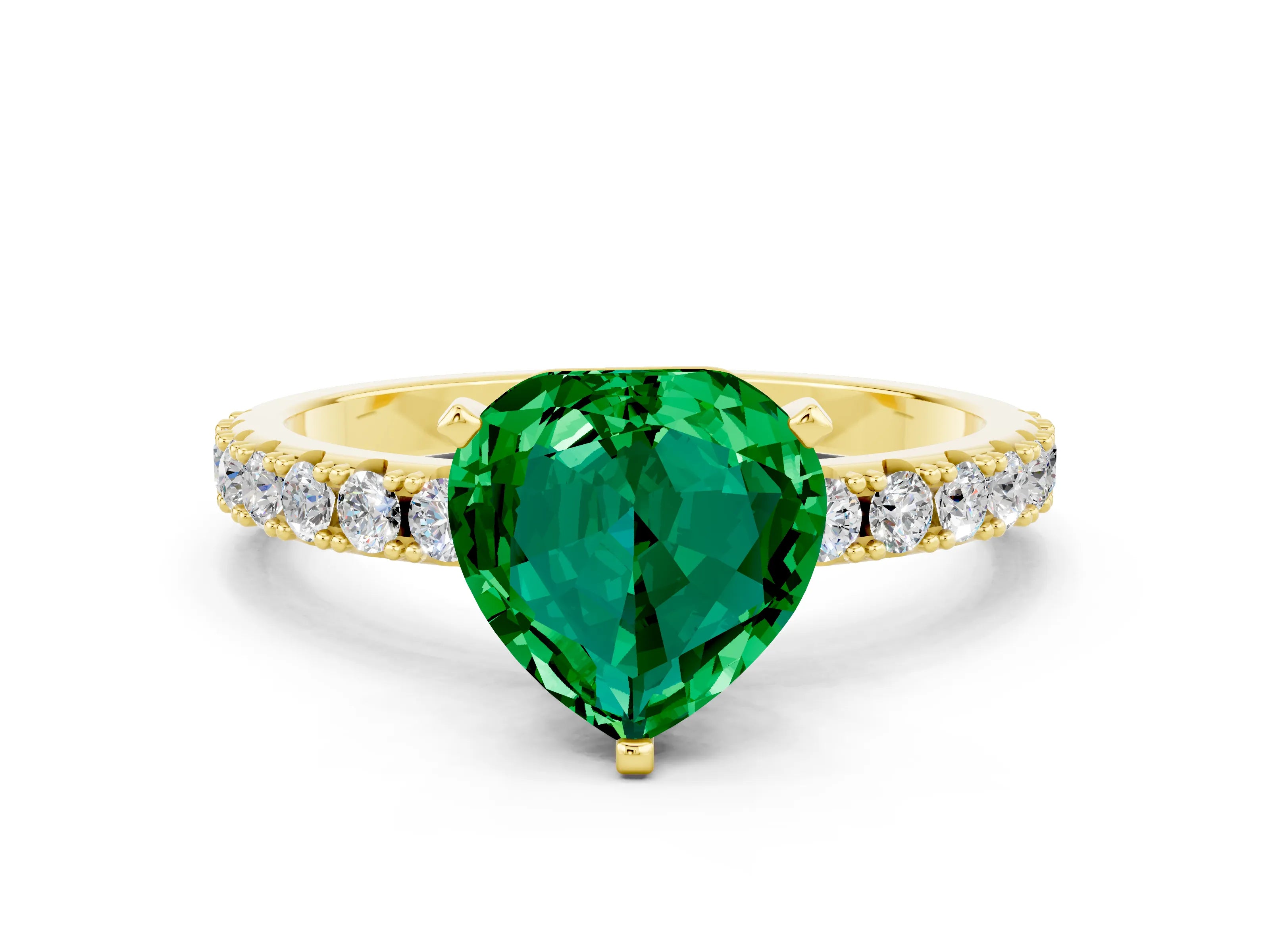 Yellow gold Heart Cut Emerald Solitaire Pavé Band with Four-Prong Setting