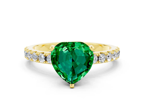 Yellow gold Heart Cut Emerald Solitaire Pavé Band with Four-Prong Setting