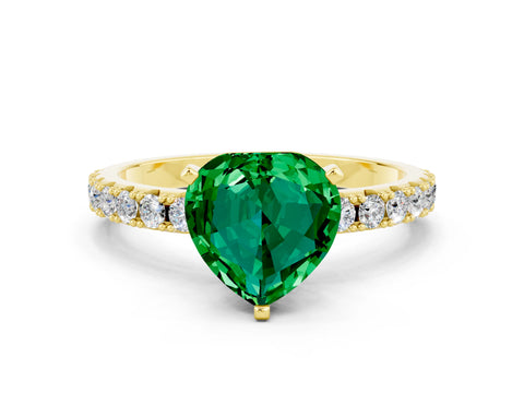 Yellow gold Heart Cut Emerald Solitaire Pavé Band with Four-Prong Setting