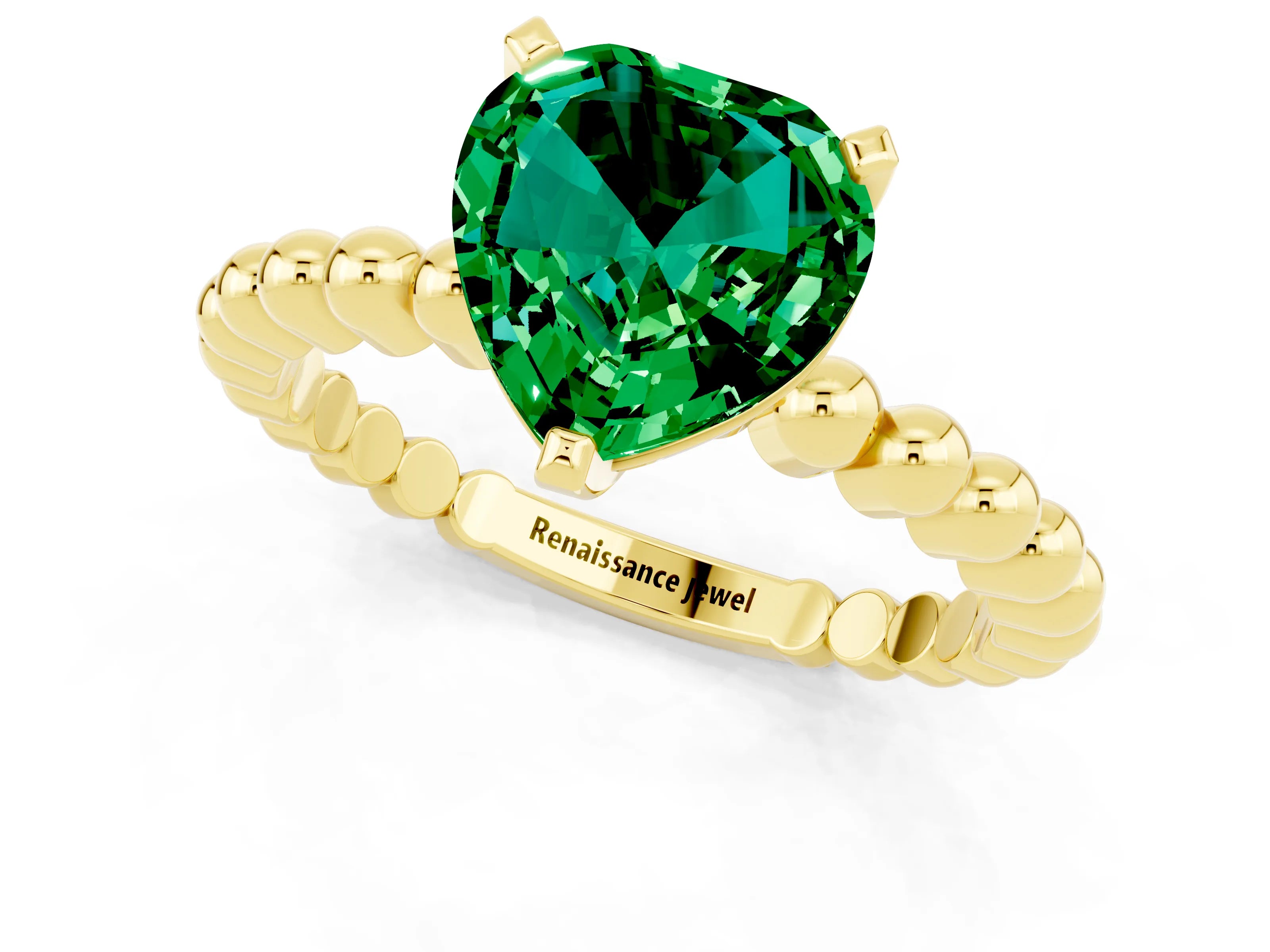 Yellow gold Heart Cut Emerald Solitaire Ring with Beaded Band and Prong Setting_1