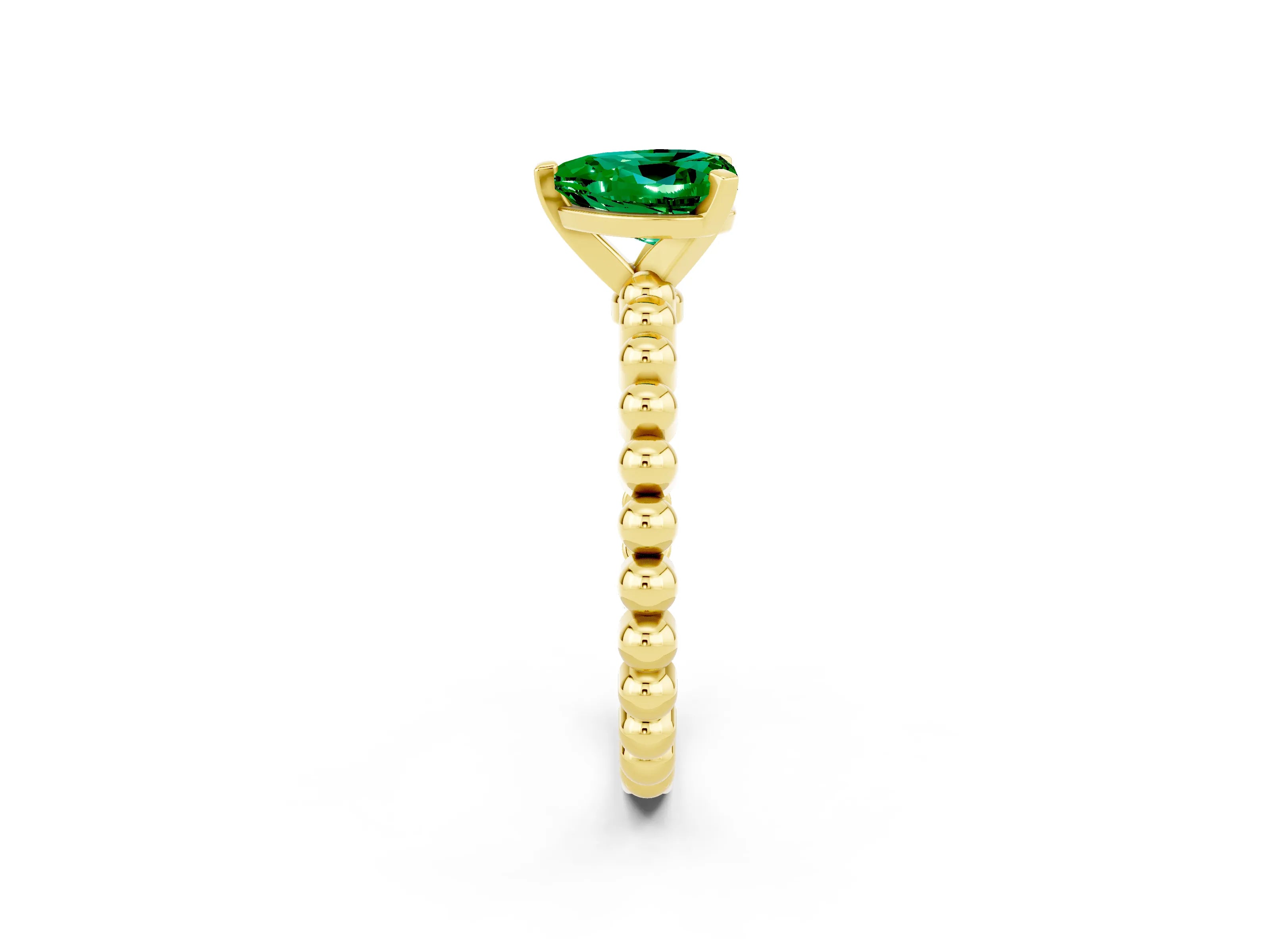 Yellow gold Heart Cut Emerald Solitaire Ring with Beaded Band and Prong Setting_2