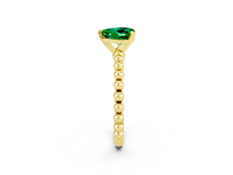 Yellow gold Heart Cut Emerald Solitaire Ring with Beaded Band and Prong Setting_2