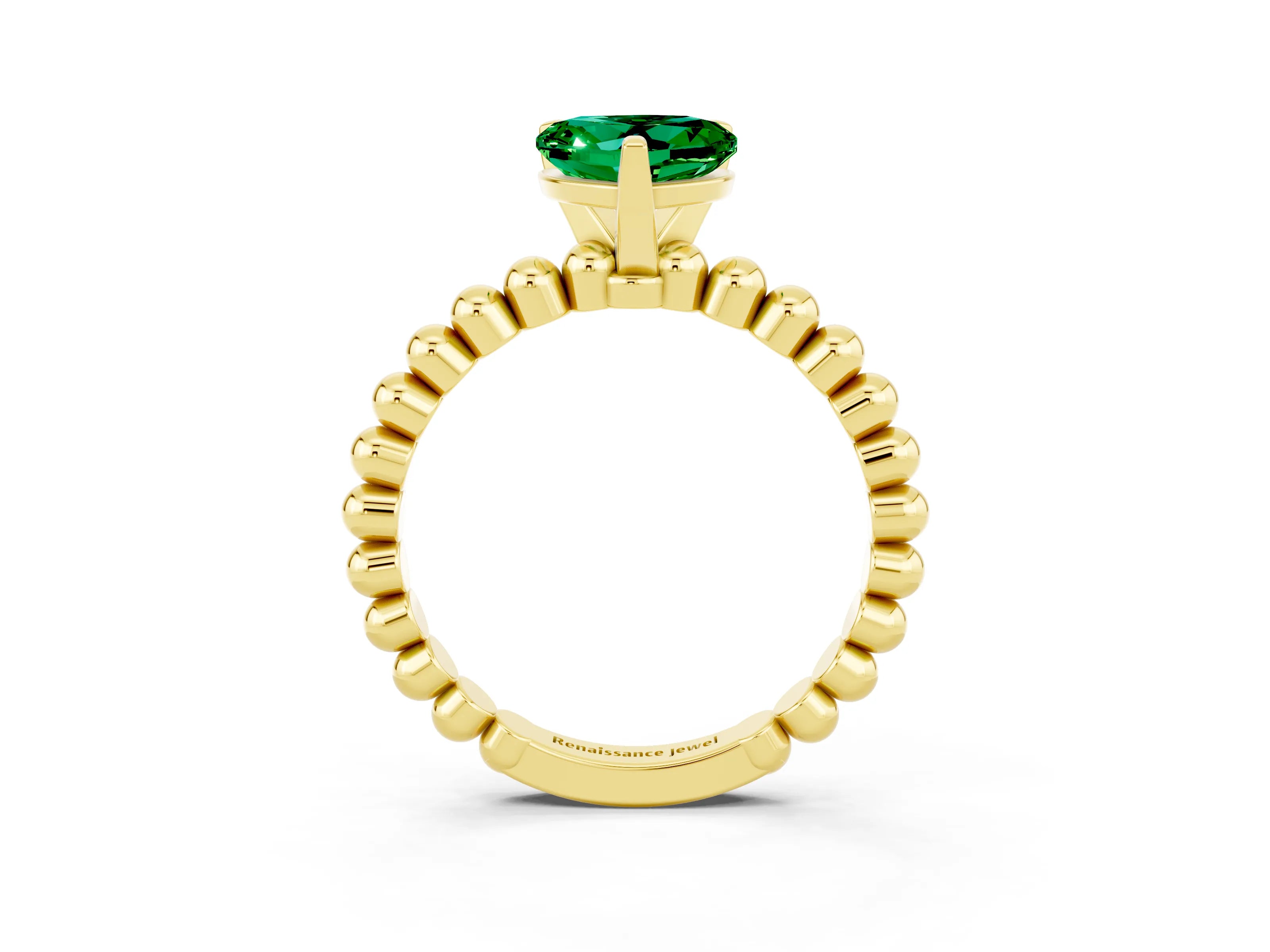 Yellow gold Heart Cut Emerald Solitaire Ring with Beaded Band and Prong Setting_3