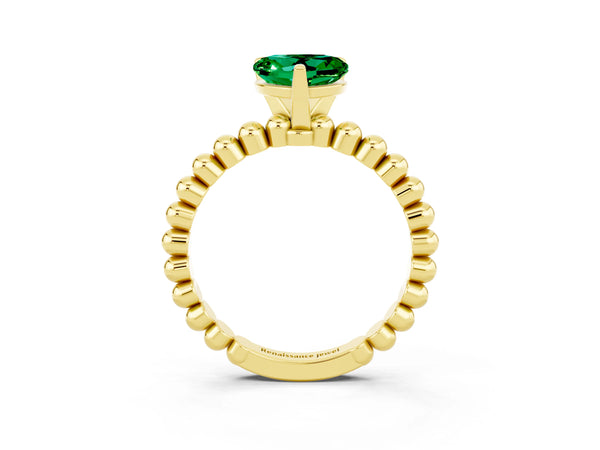 Yellow gold Heart Cut Emerald Solitaire Ring with Beaded Band and Prong Setting