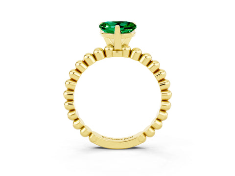 Yellow gold Heart Cut Emerald Solitaire Ring with Beaded Band and Prong Setting_3
