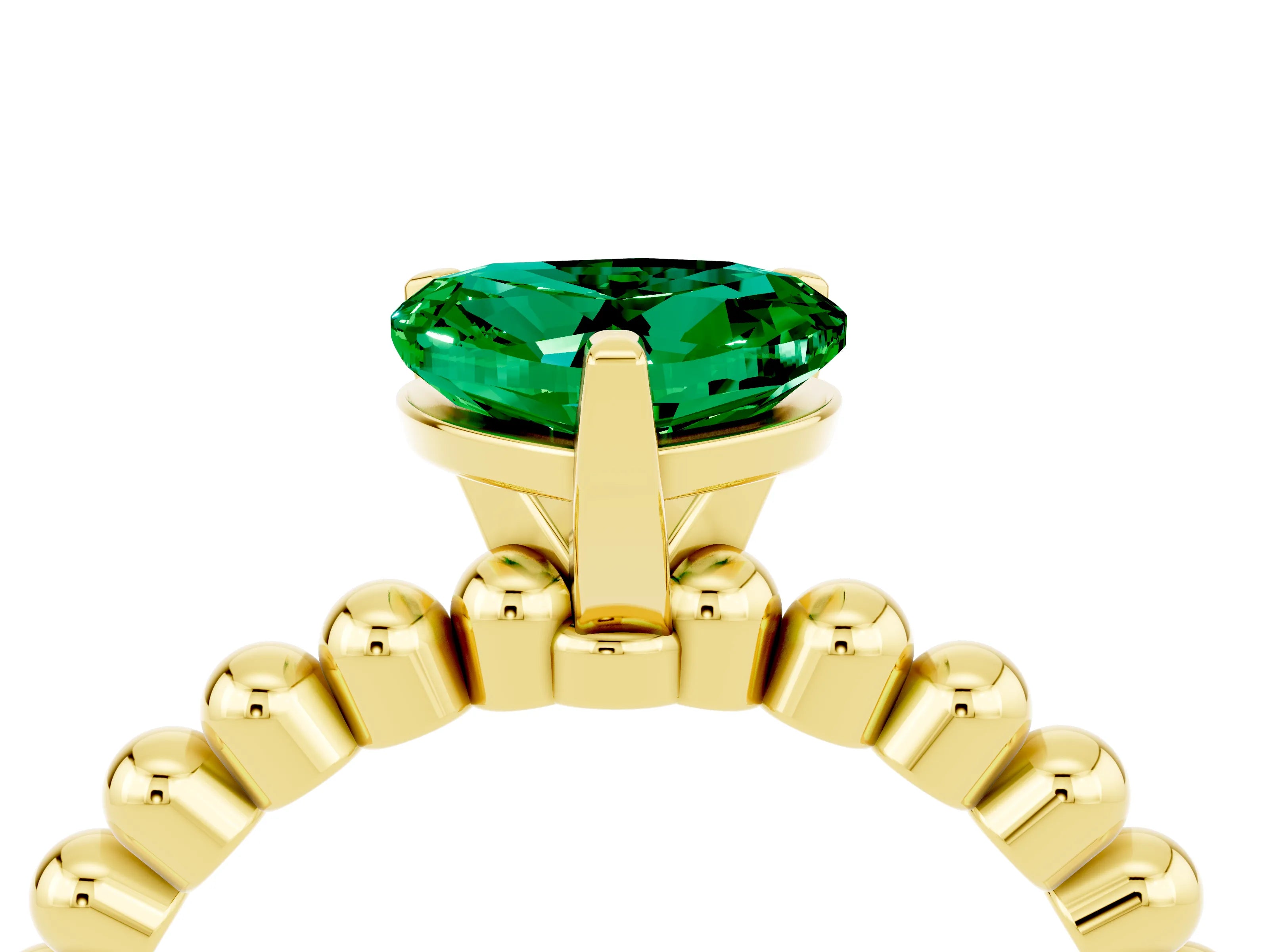 Yellow gold Heart Cut Emerald Solitaire Ring with Beaded Band and Prong Setting_4