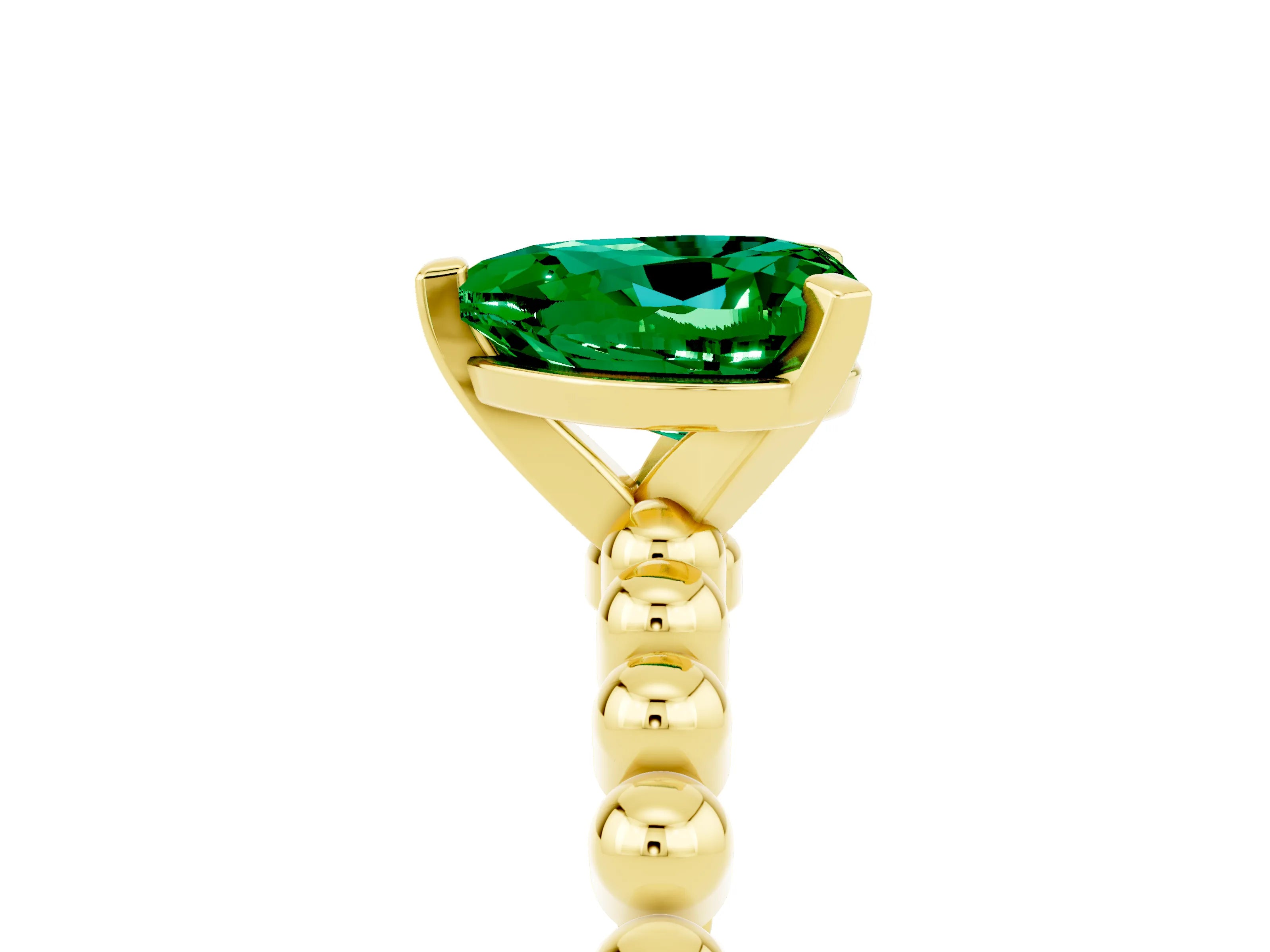 Yellow gold Heart Cut Emerald Solitaire Ring with Beaded Band and Prong Setting_5