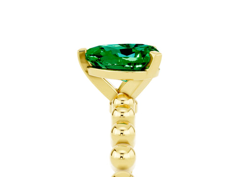 Yellow gold Heart Cut Emerald Solitaire Ring with Beaded Band and Prong Setting_5