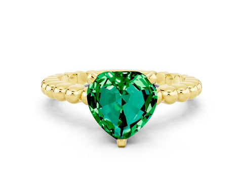 Yellow gold Heart Cut Emerald Solitaire Ring with Beaded Band and Prong Setting