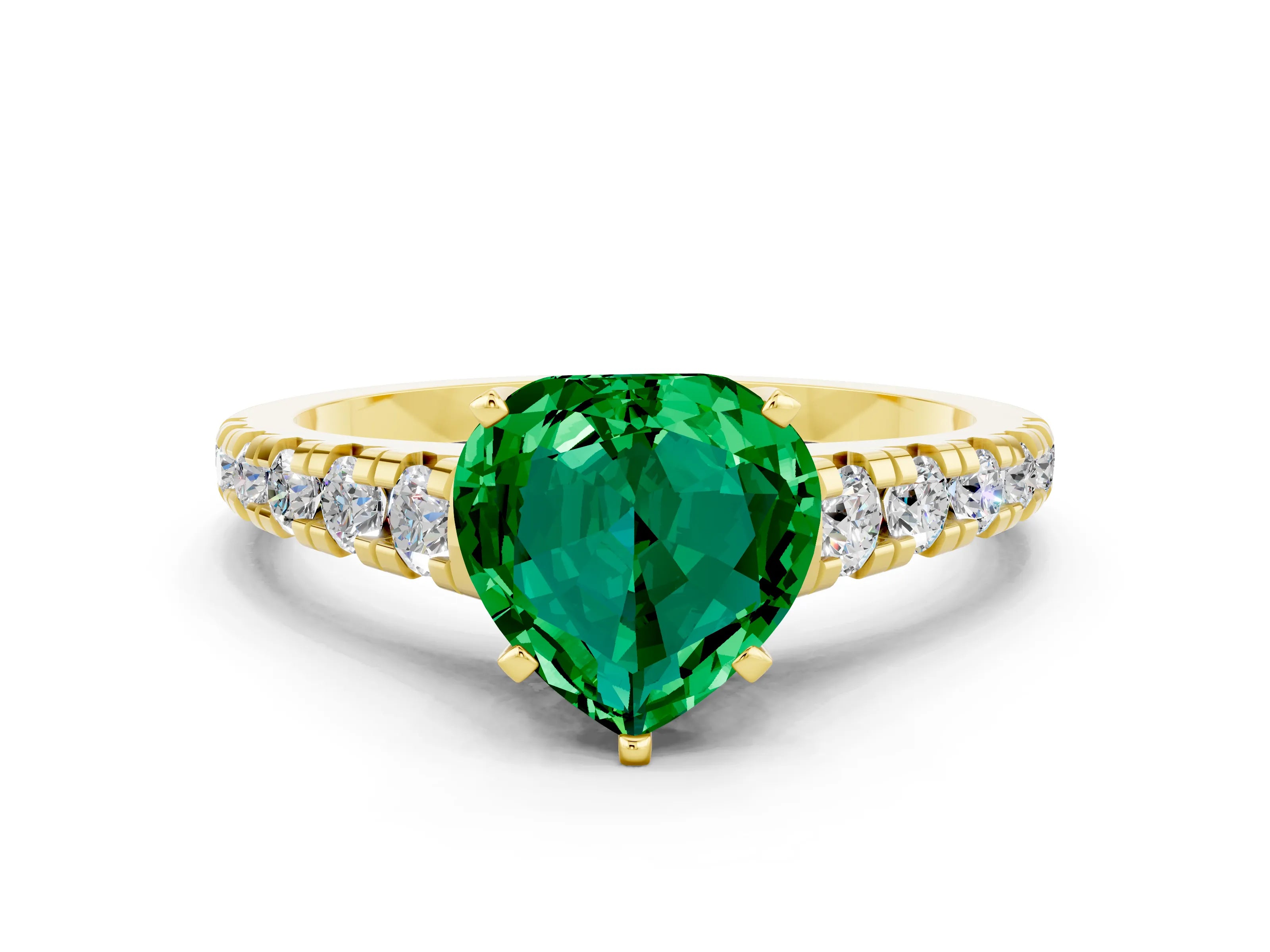 Yellow gold Heart Cut Emerald Solitaire Ring with Cathedral Setting and Pavé Band