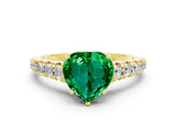 Yellow gold Heart Cut Emerald Solitaire Ring with Cathedral Setting and Pavé Band