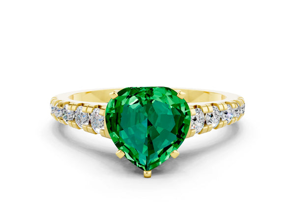 Yellow gold Heart Cut Emerald Cathedral Solitaire Ring with Round  Pavé Band