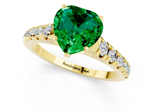 Yellow gold Heart Cut Emerald Solitaire Ring with Cathedral Setting and Pavé Band_1
