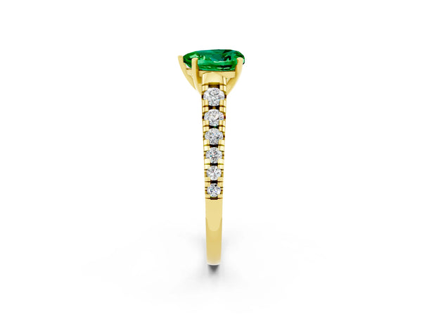 Yellow gold Heart Cut Emerald Cathedral Solitaire Ring with Round  Pavé Band