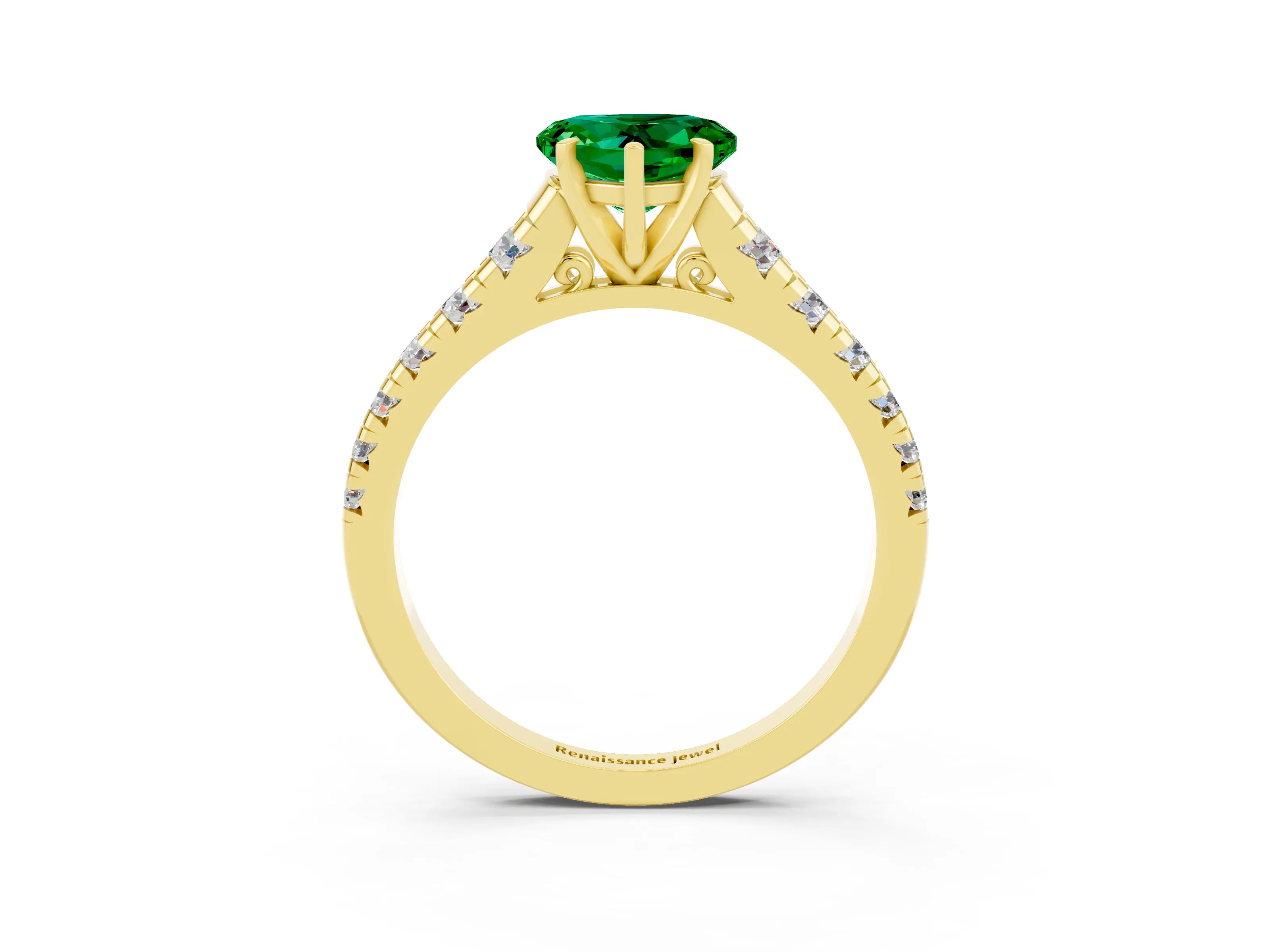 Yellow gold Heart Cut Emerald Solitaire Ring with Cathedral Setting and Pavé Band_3