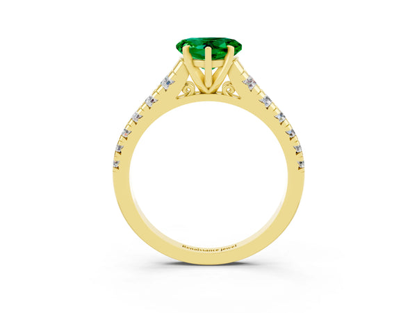 Yellow gold Heart Cut Emerald Cathedral Solitaire Ring with Round  Pavé Band