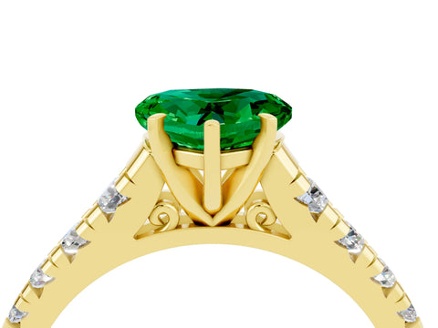 Yellow gold Heart Cut Emerald Solitaire Ring with Cathedral Setting and Pavé Band_4