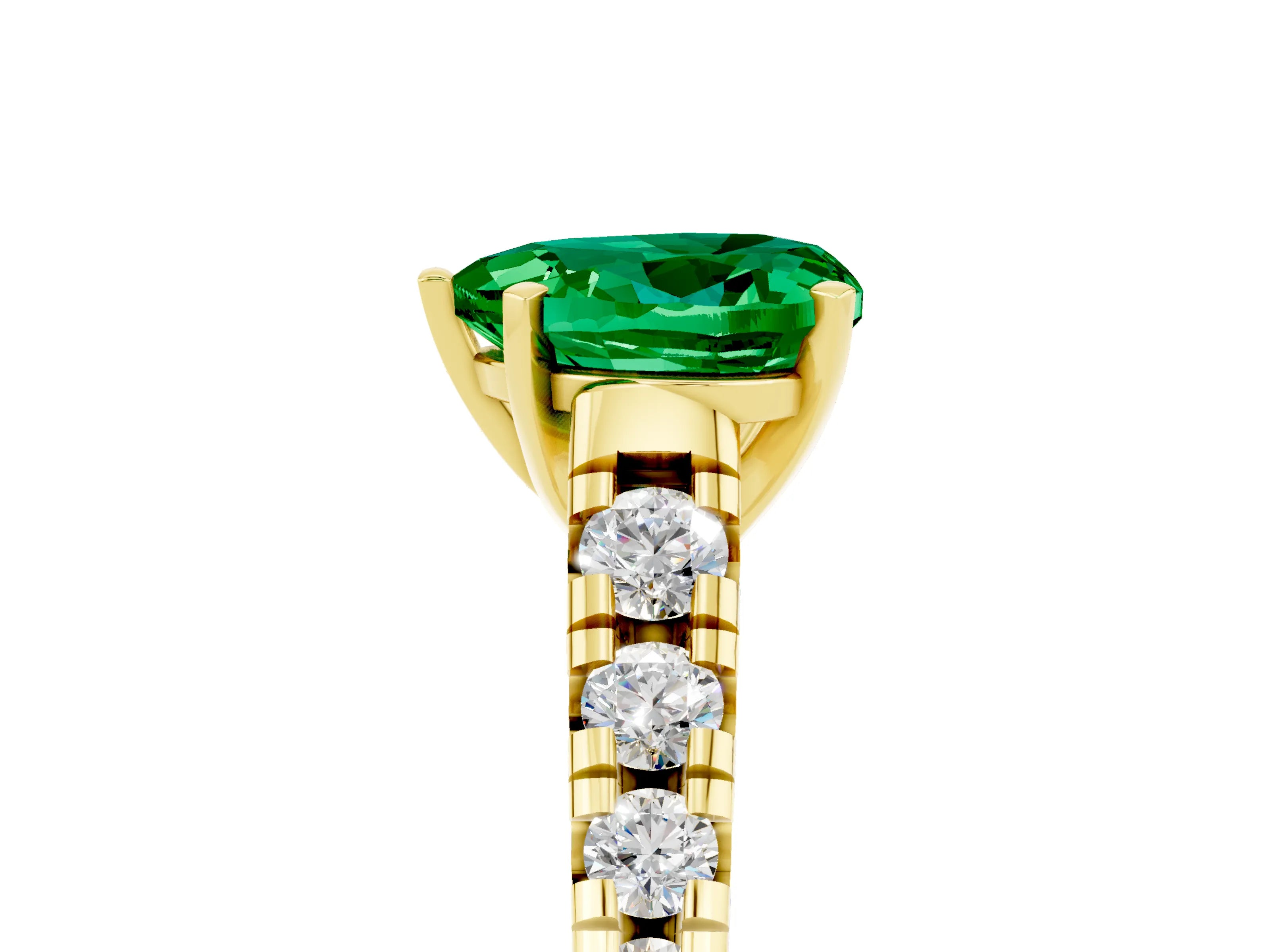 Yellow gold Heart Cut Emerald Solitaire Ring with Cathedral Setting and Pavé Band_5