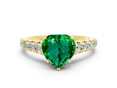 Yellow gold Heart Cut Emerald Solitaire Ring with Cathedral Setting and Pavé Band