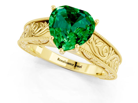 Yellow gold Heart Cut Emerald Solitaire Ring with Engraved Band and Four-Prong Setting_1