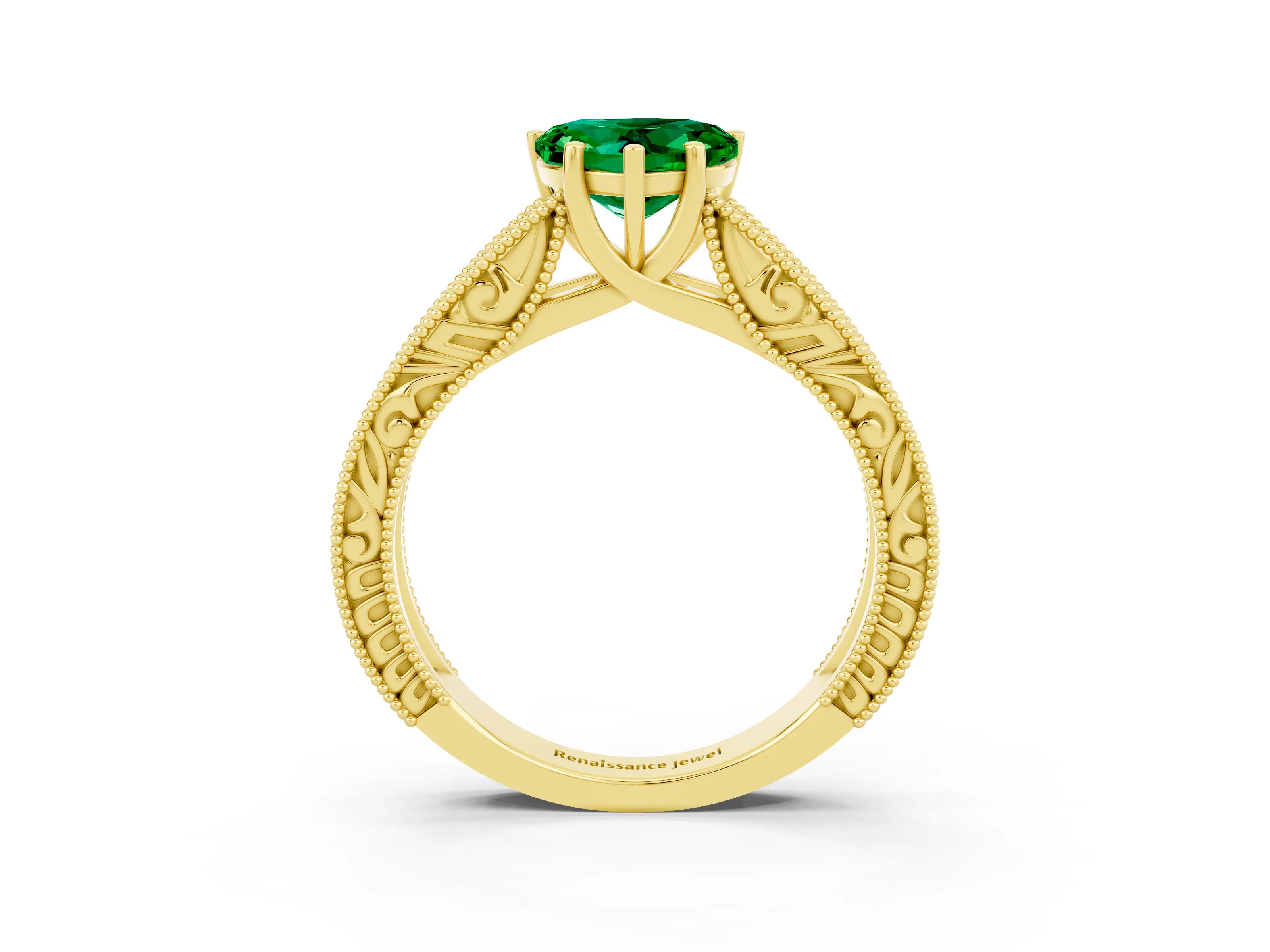 Yellow gold Heart Cut Emerald Solitaire Ring with Engraved Band and Four-Prong Setting_3